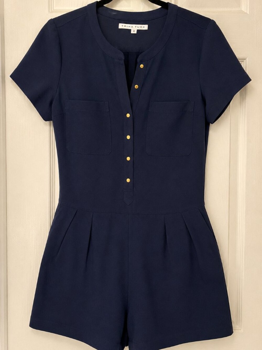 Trina Turk Navy Shift omper Size 8 Gold Snap Front Short Sleeve Pockets